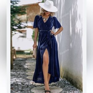 Simplee Small Butterfly Sleeve Wrap Navy‎ Blue Velvet Maxi Dress Tie Front